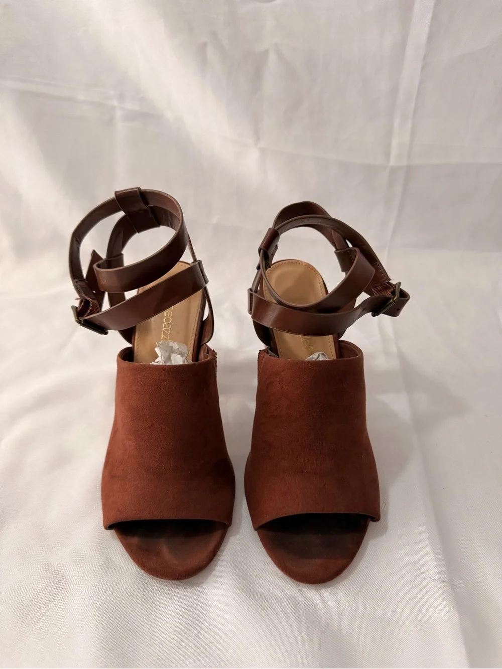 Shoe Dazzle Ella Cognac Brown Suede Block Heel Sandals